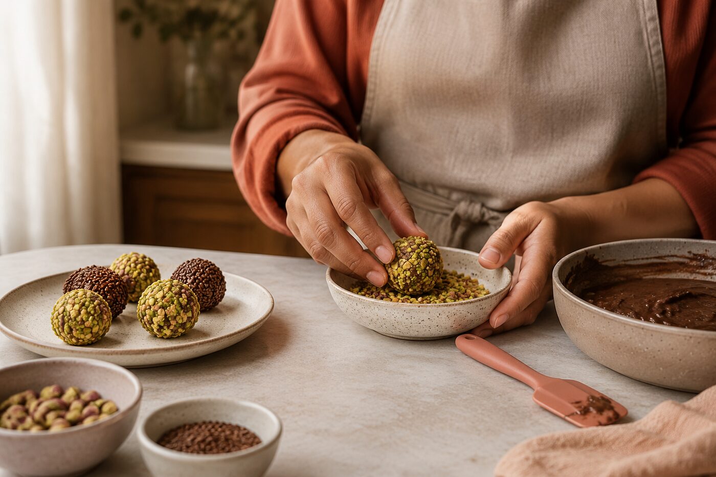 Persona decorando un brigadeiro de pistache